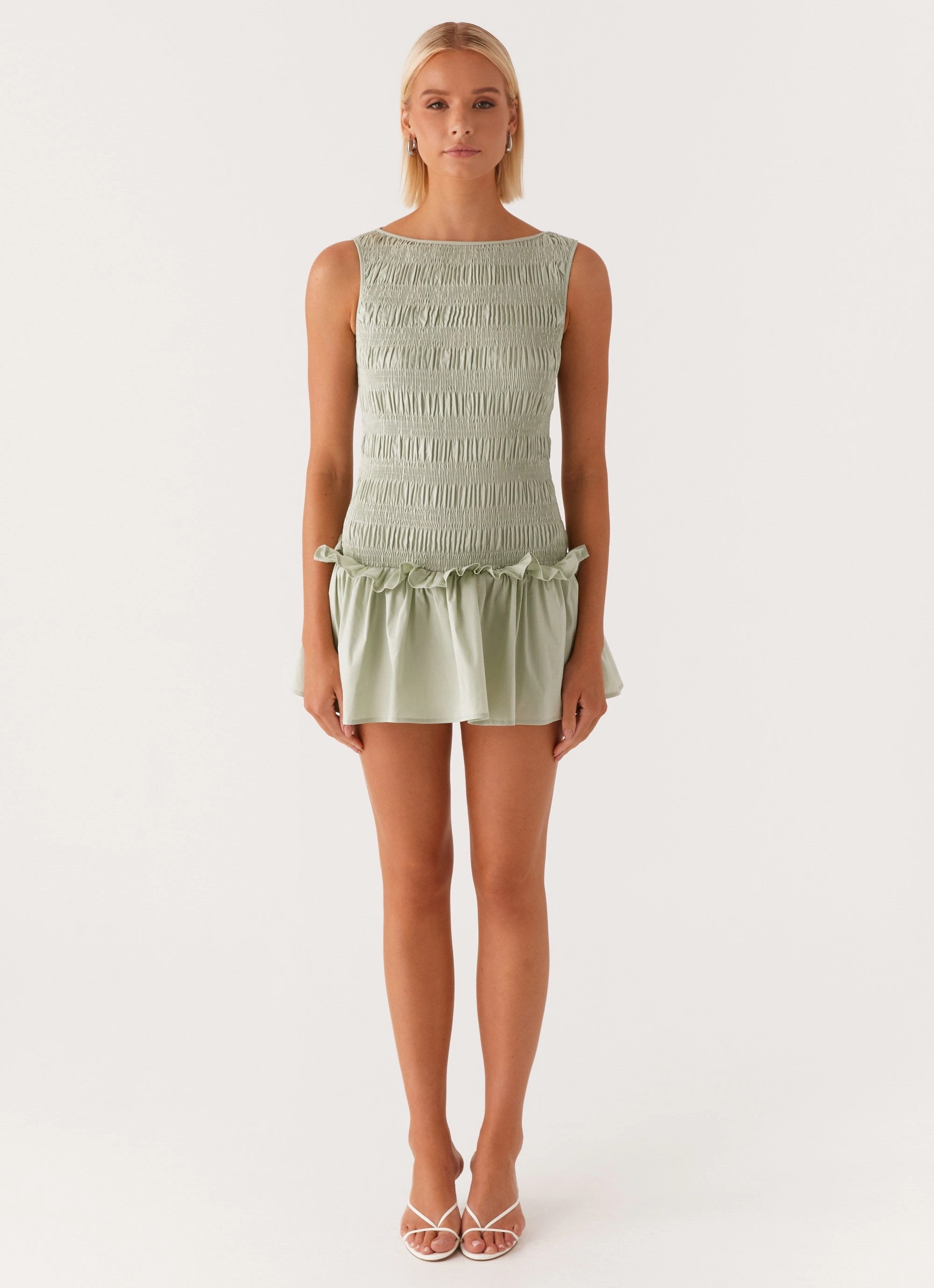 Essential Style Garden Kisses Shirred Mini Dress - Sage