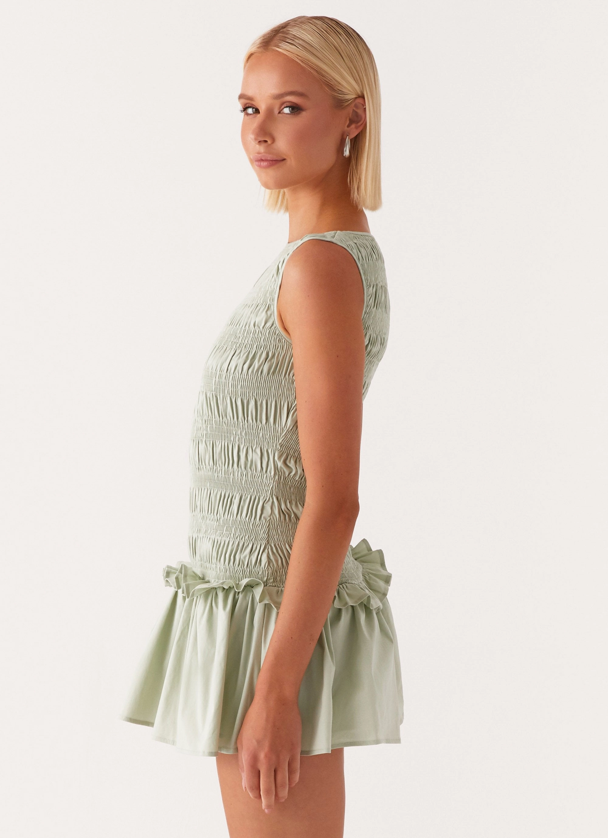 Garden Kisses Shirred Mini Dress - Sage Golden Scene