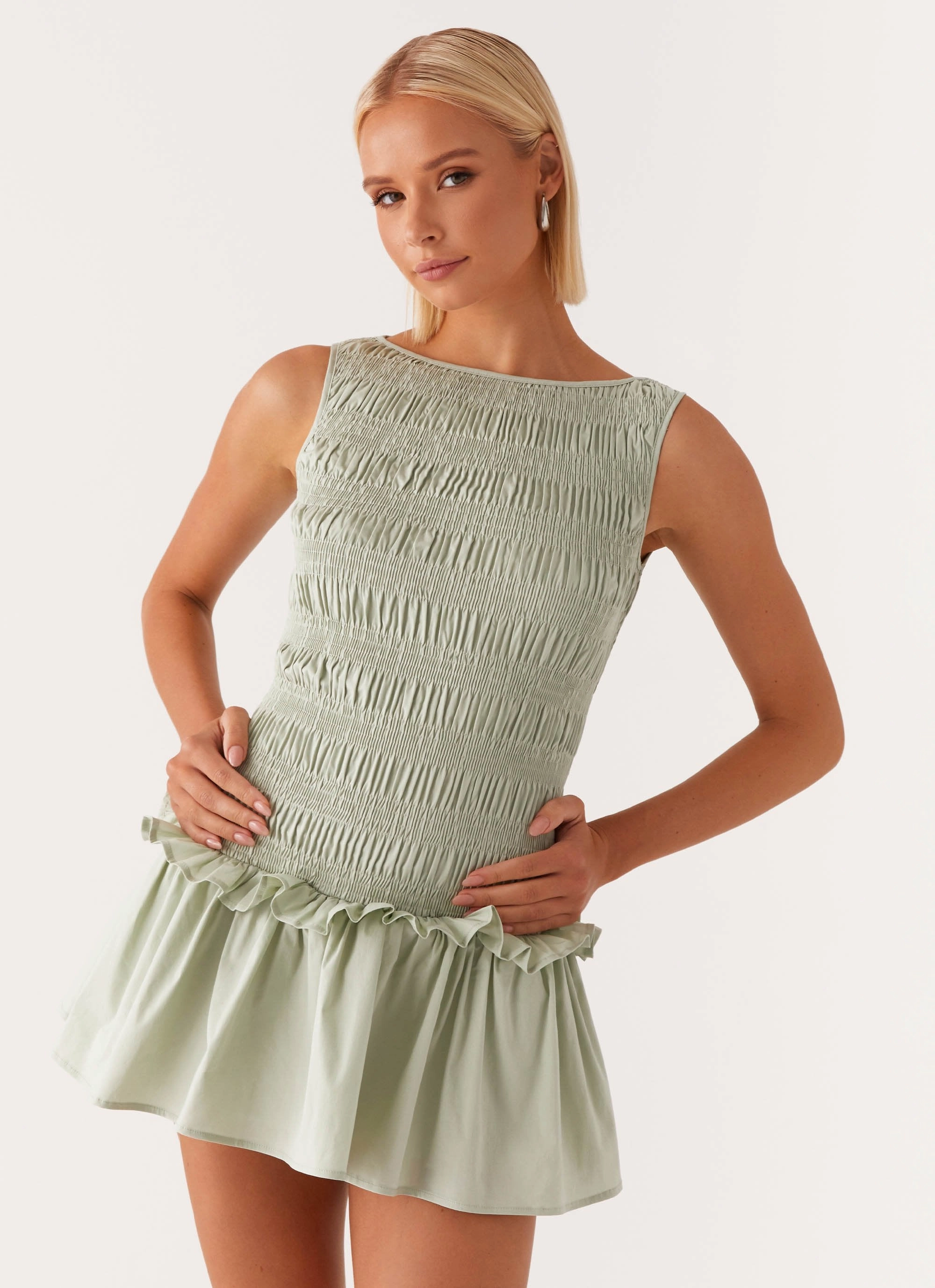 Garden Kisses Shirred Mini Dress - Sage Metallic-Shine