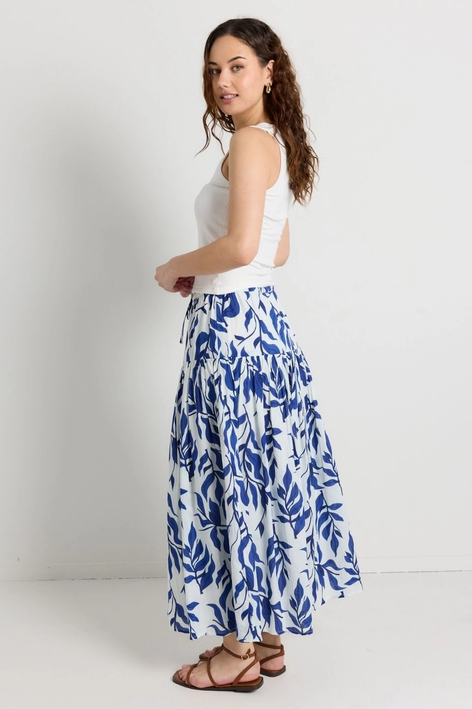 Remedy Blue Leaves Print Tie Waist Tiered Maxi Skirt party look Outfit Mood