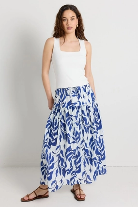 Remedy Blue Leaves Print Tie Waist Tiered Maxi Skirt Ombre effect Timeless Wear