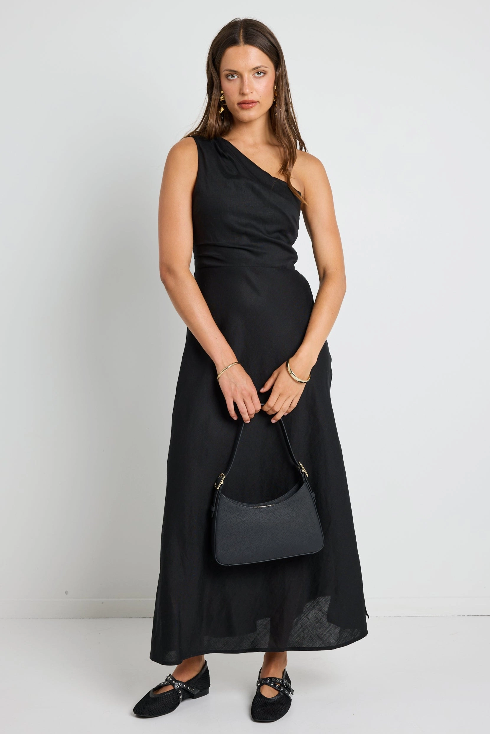 Flirt Black One Shoulder Tuck Midi Dress Lightweight Material