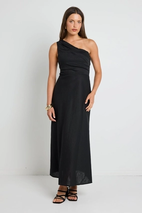 Pure Fabric Flirt Black One Shoulder Tuck Midi Dress