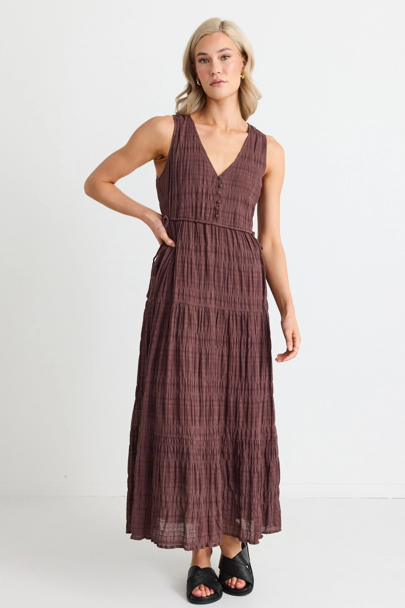 Bold-Color Flora Chocolate V Neck Tie Front Sleeveless Tiered Maxi Dress