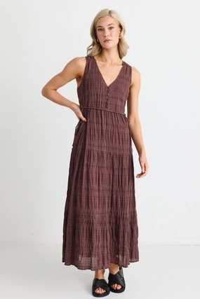 Bold-Color Flora Chocolate V Neck Tie Front Sleeveless Tiered Maxi Dress