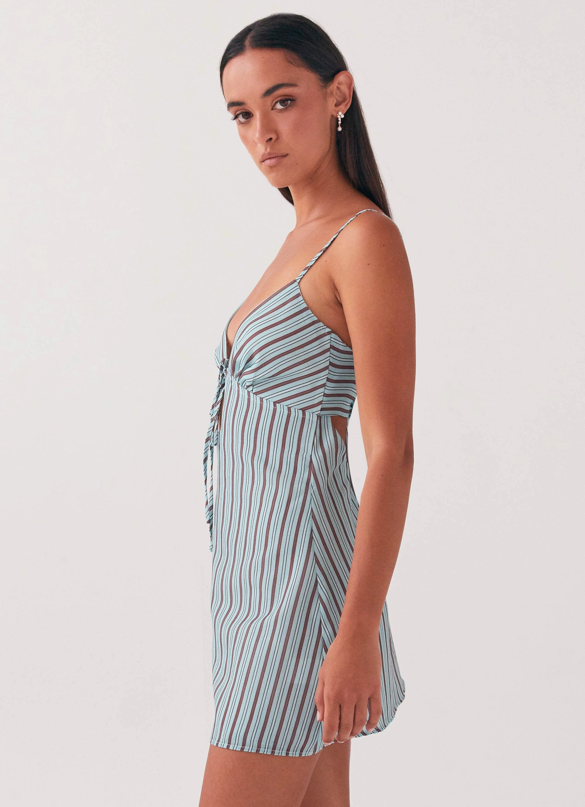 Flora Linen Mini Dress - Coastal Stripe Sheer-Overlay Smart Comfort