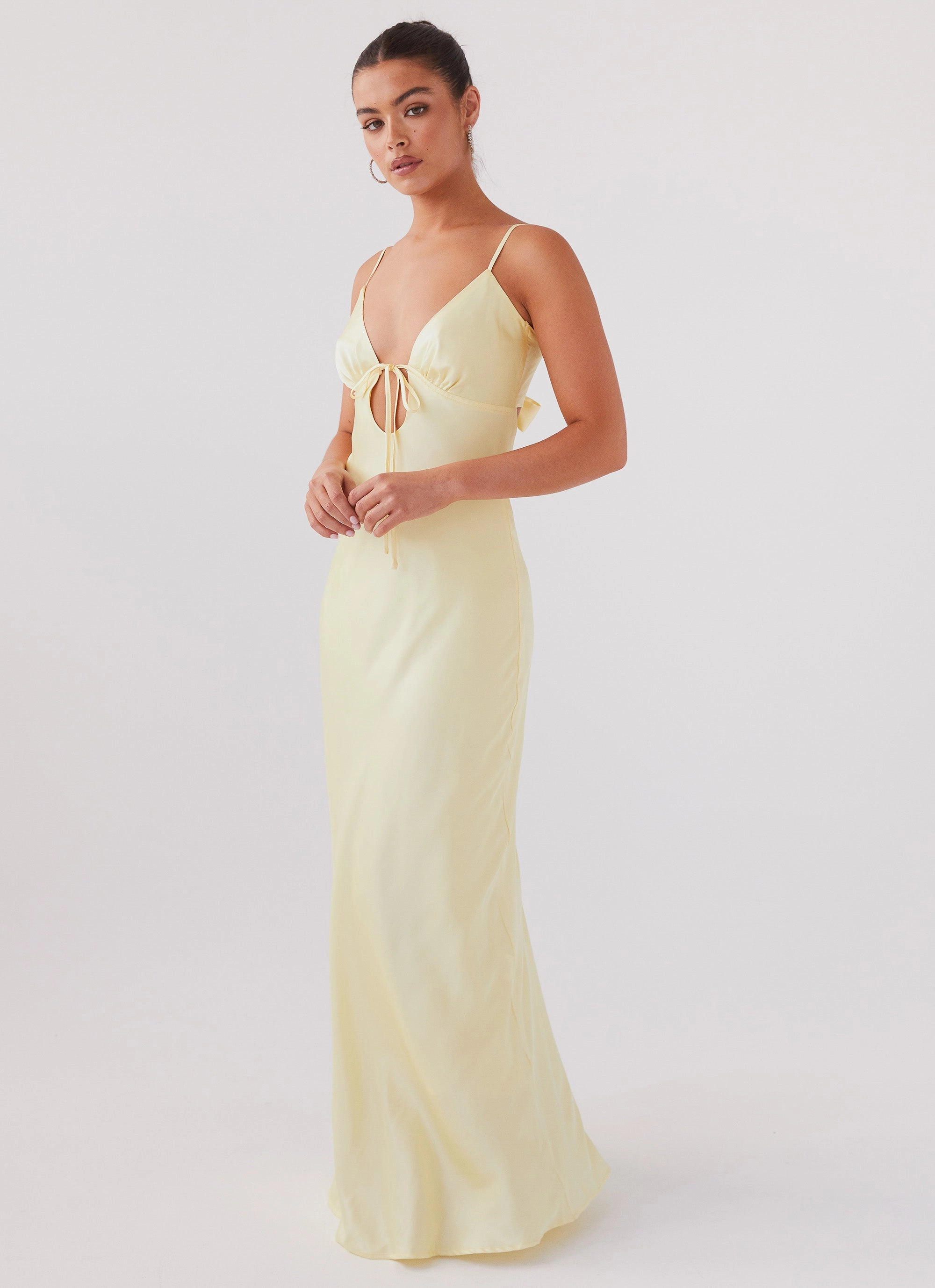 Bell-Sleeve Flora Satin Maxi Dress - Lemon