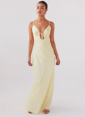 Delicate Details Full Coverage Flora Satin Maxi Dress - Lemon