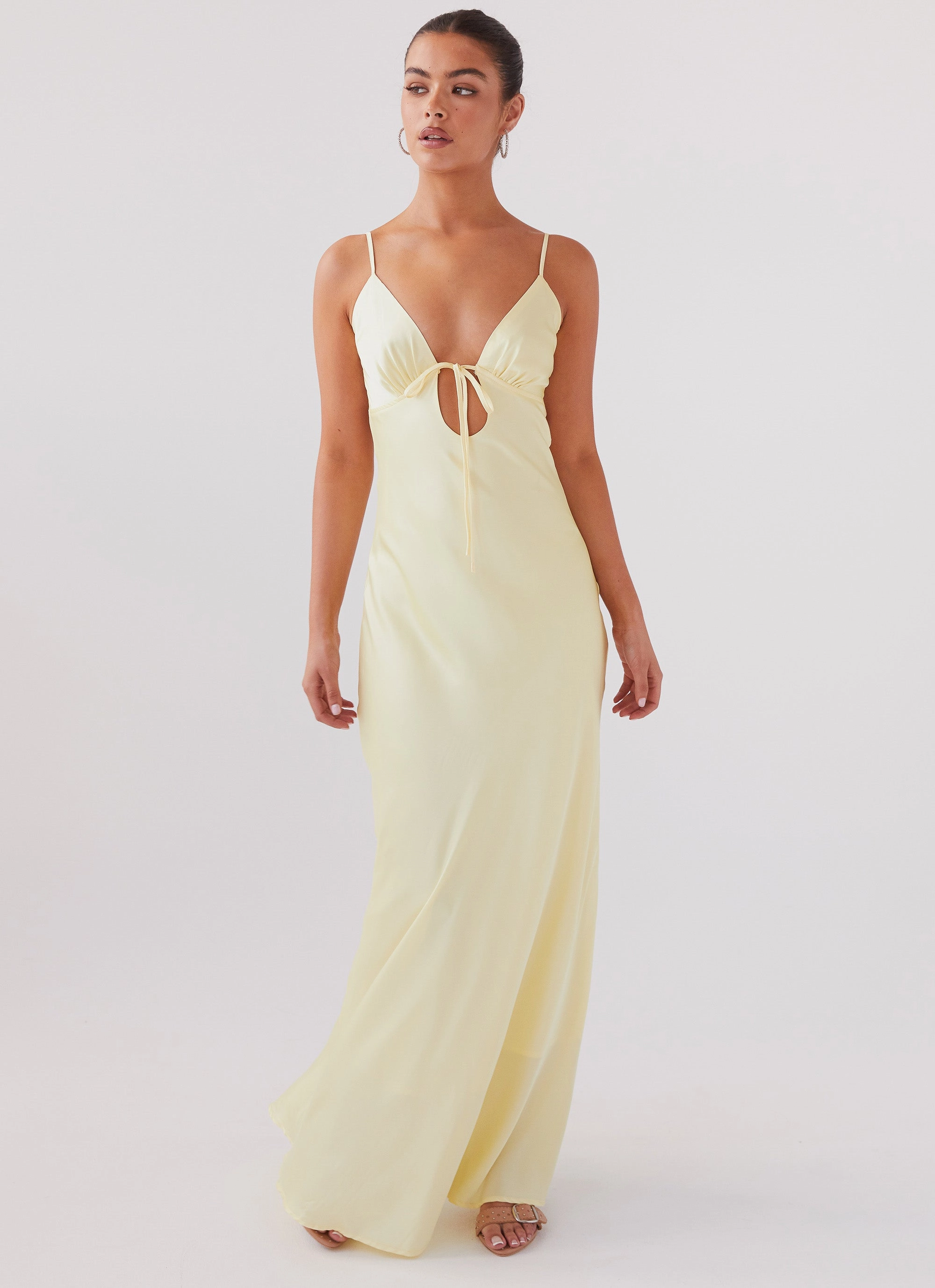 Delicate Details Full Coverage Flora Satin Maxi Dress - Lemon