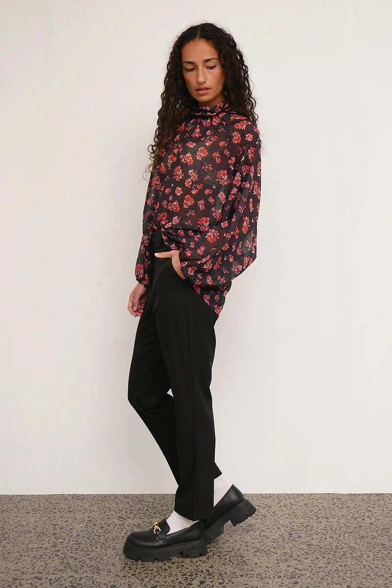 Floret High Neck Red Floral Top Layered Shoulder