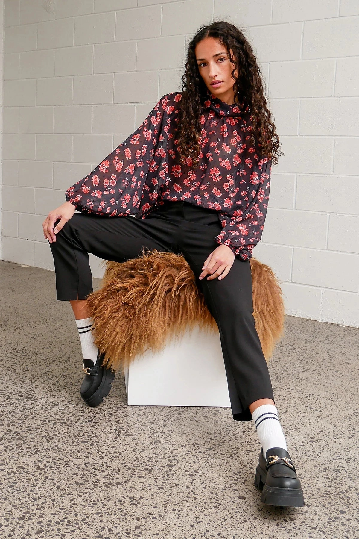 Floret High Neck Red Floral Top SeamlessSidePanels EasyCare Fabric