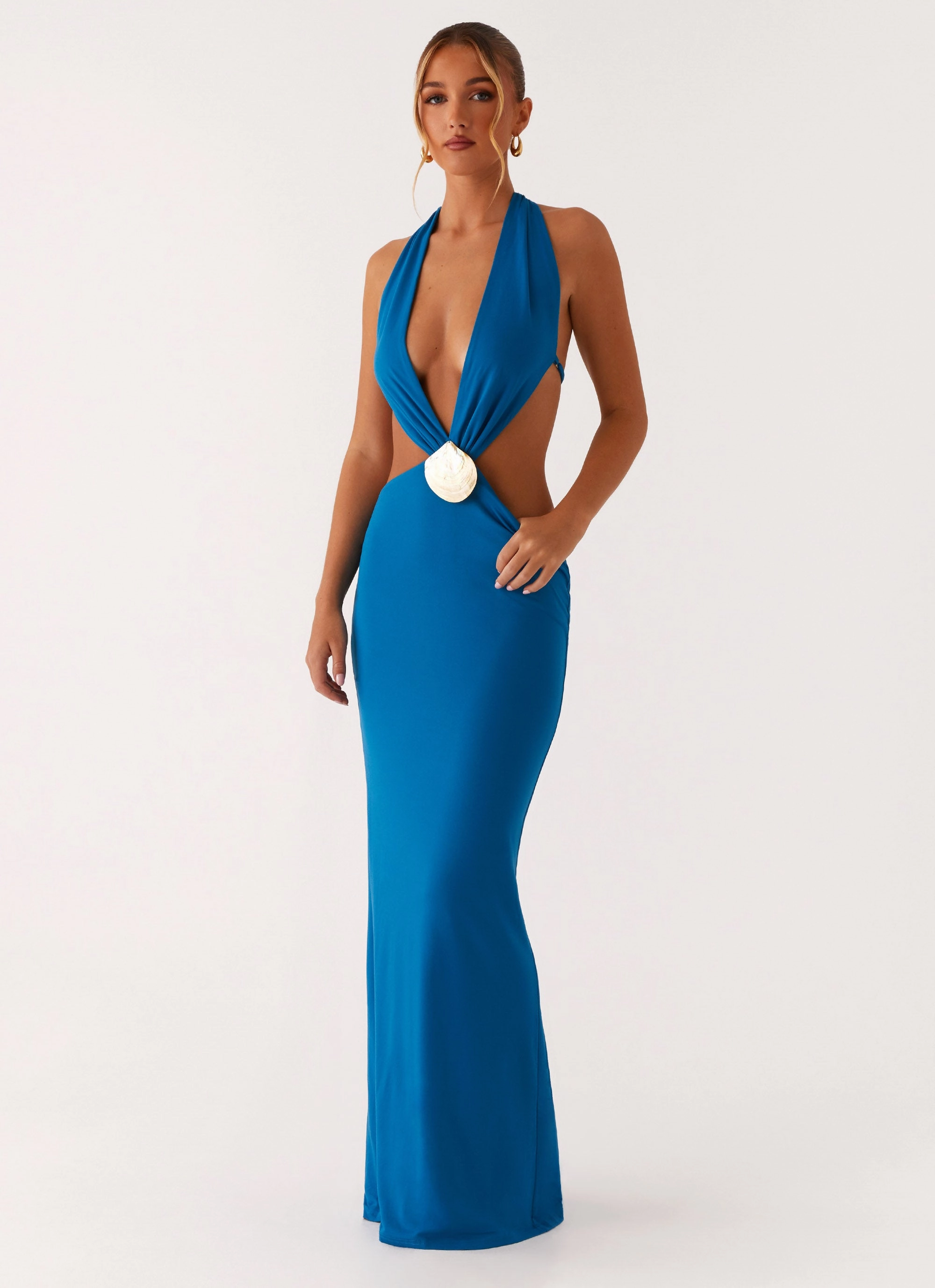 Dressy Glow V-Neck Flossy Maxi Dress - Royal Blue