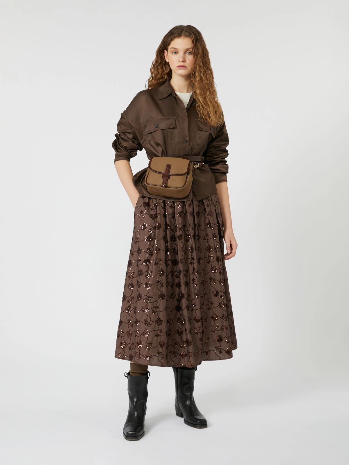 Cozy Movement Asymmetrical Cut Weekend Max Mara Tempra Embellished Skirt in Chocolate