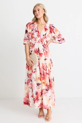 Fluent Vintage Blush Floral Flutter Sleeve Tiered Maxi Dress Artistic Edge Warm Pink