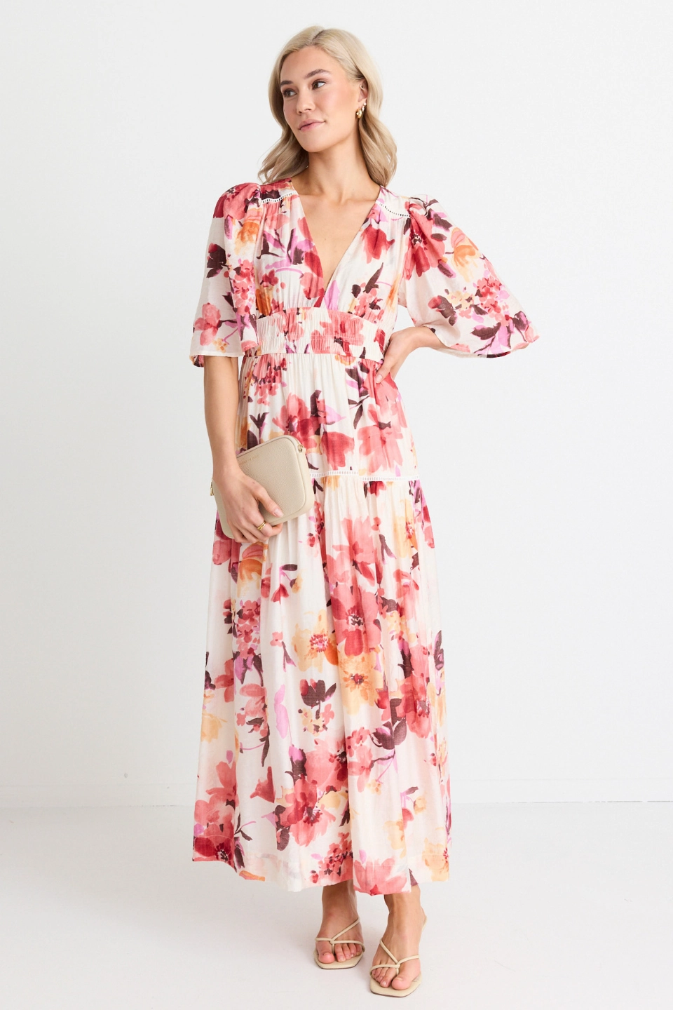 Fluent Vintage Blush Floral Flutter Sleeve Tiered Maxi Dress Artistic Edge Warm Pink