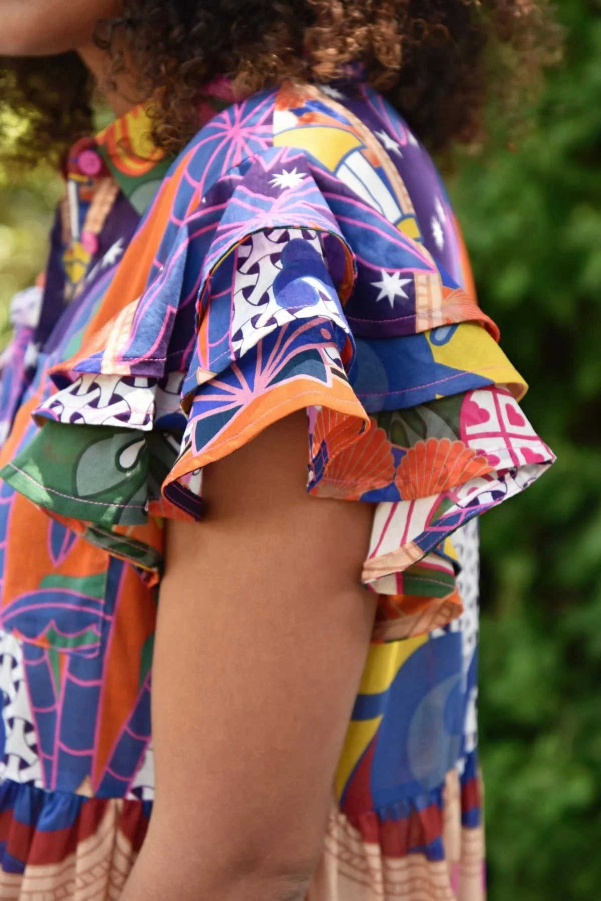 Flute Through Bright Multi Pattern Frill SS Midi Dress LowProfileZipper Family Joy