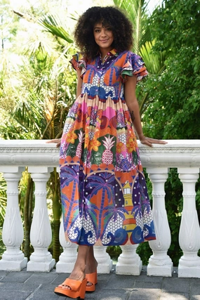 Office Tone Art Event Flute Through Bright Multi Pattern Frill SS Midi Dress