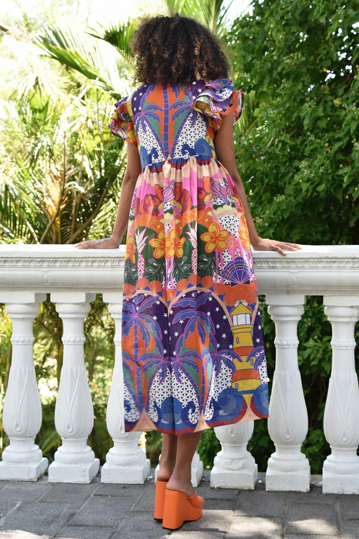 Flute Through Bright Multi Pattern Frill SS Midi Dress Flared-Hem Flowy Layers