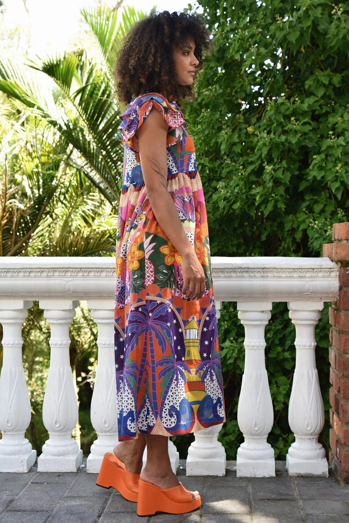 Lace Soft Cool Texture Flute Through Bright Multi Pattern Frill SS Midi Dress