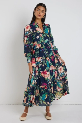 Adair Navy Vibrant Floral Long Sleeve Tiered Shirt Style Maxi Dress Patterned-Fabric