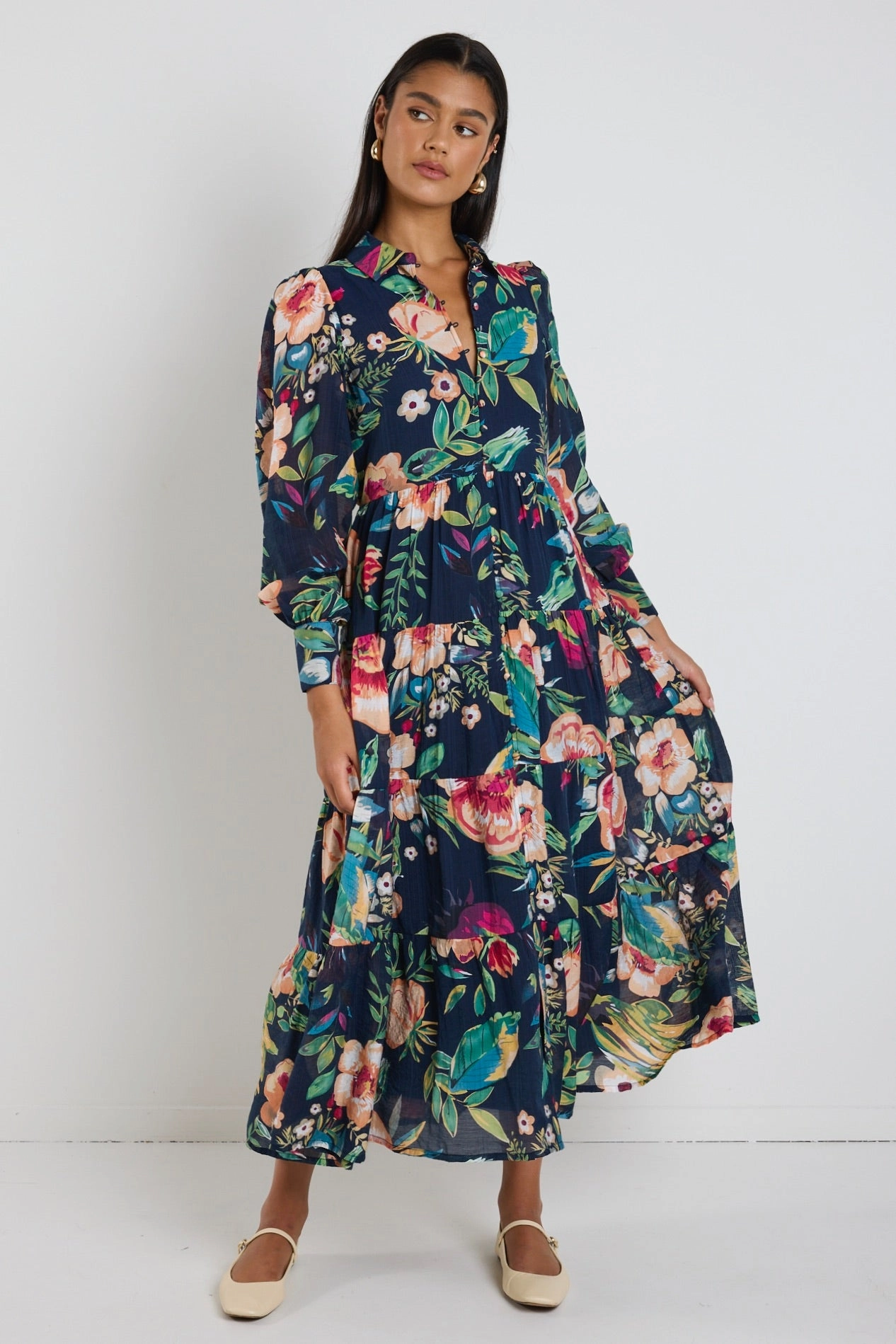 Adair Navy Vibrant Floral Long Sleeve Tiered Shirt Style Maxi Dress Patterned-Fabric