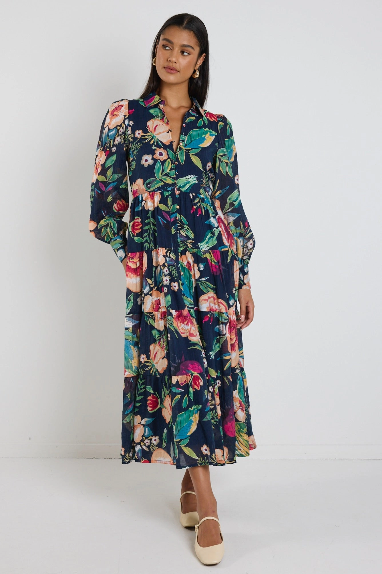 Urban Drape Adair Navy Vibrant Floral Long Sleeve Tiered Shirt Style Maxi Dress