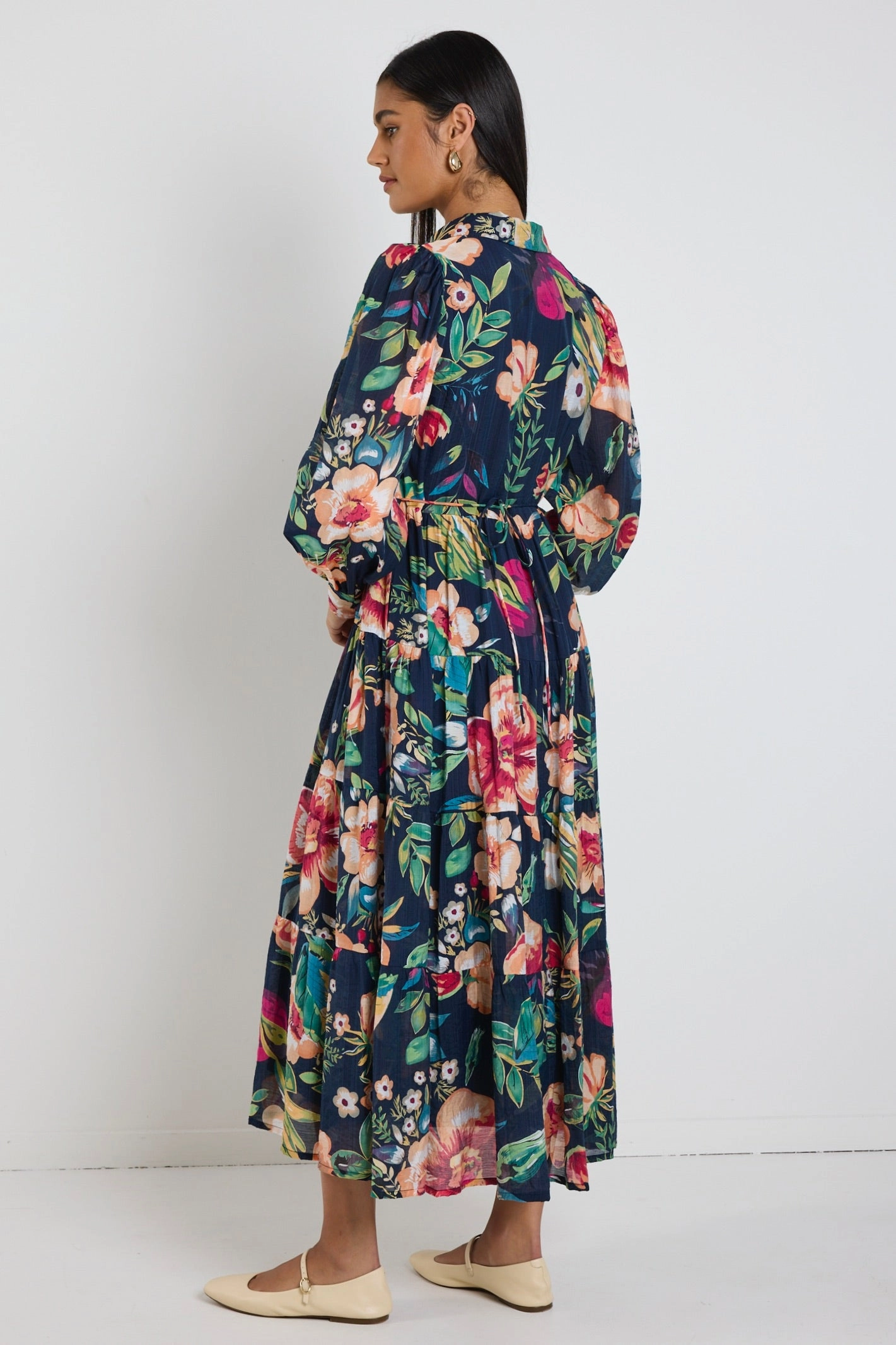Adair Navy Vibrant Floral Long Sleeve Tiered Shirt Style Maxi Dress Zip Ease