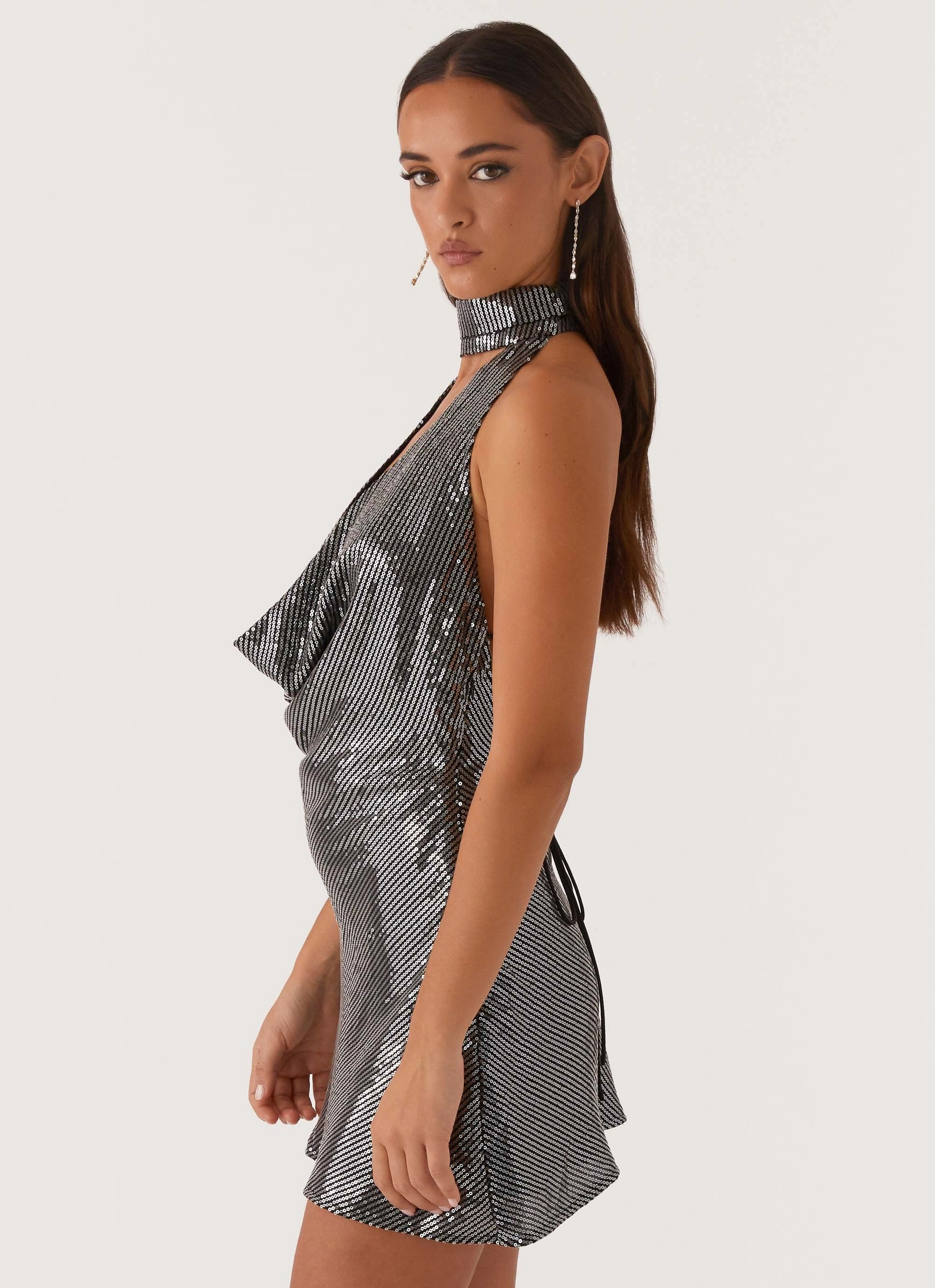 Slender Look Nora Sequin Cowl Neck Mini Dress - Black