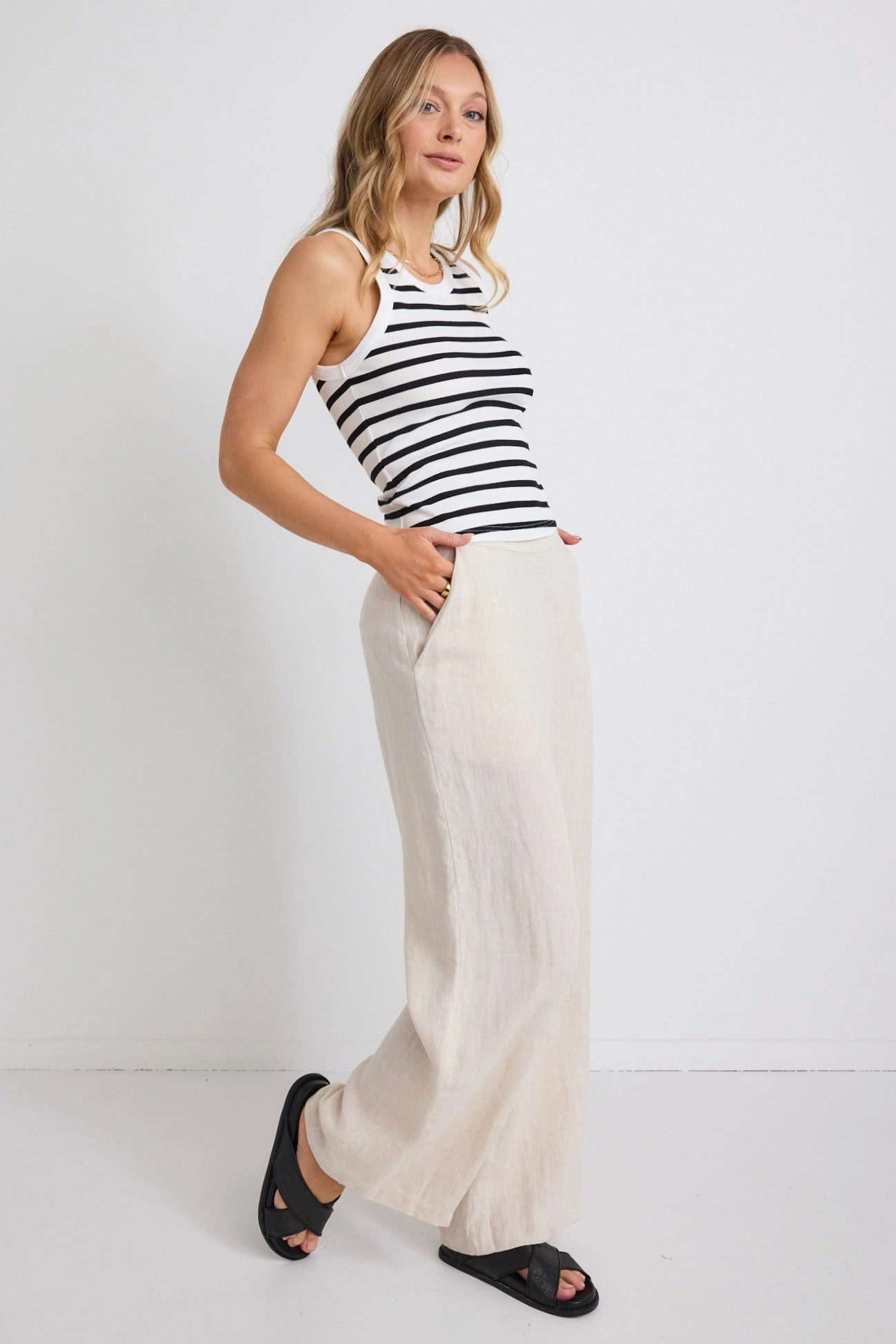 Freedom Natural Linen Zip Back Wide Leg Pant AdjustableDrawstring