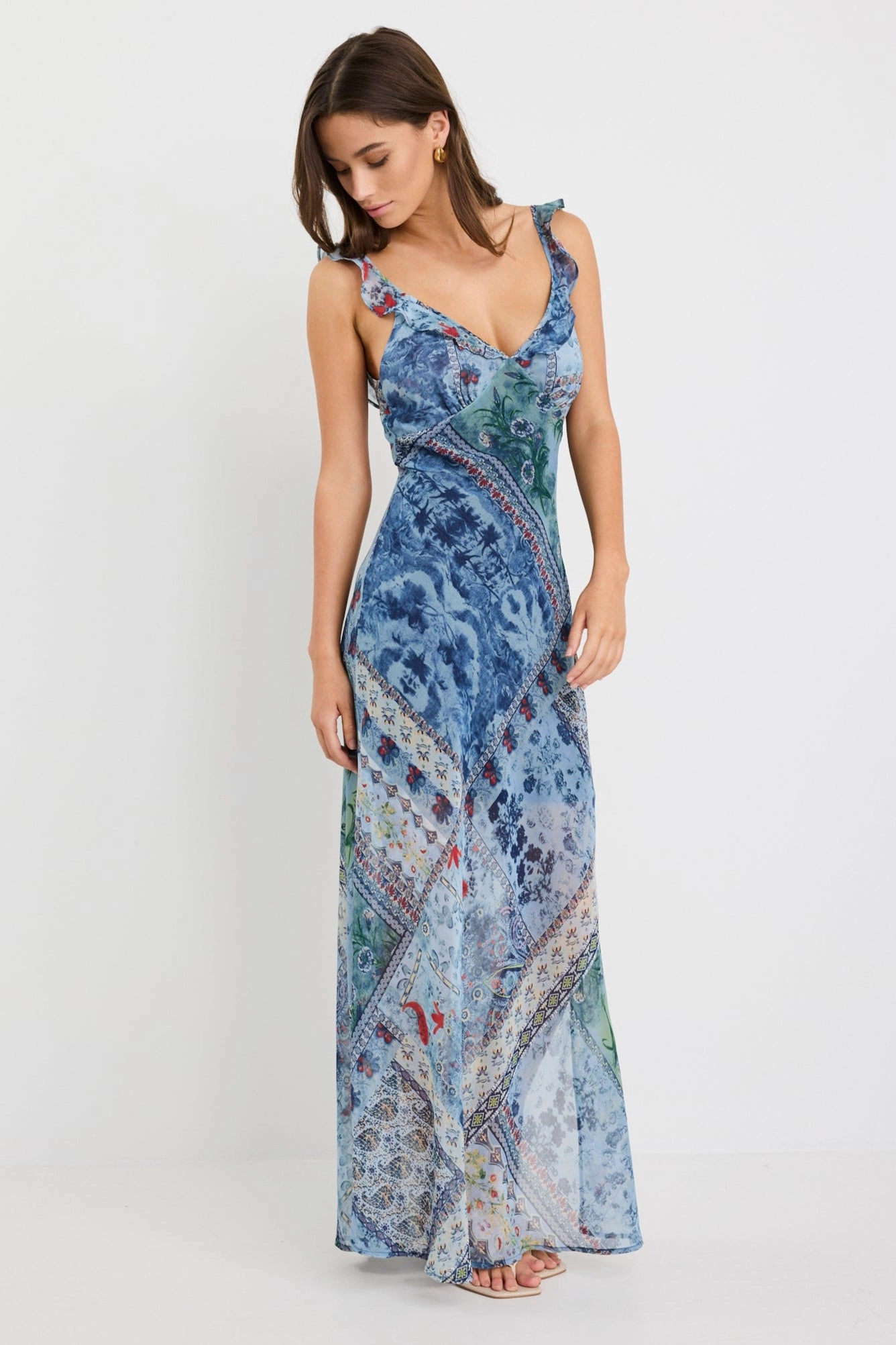 Delightful Blue Scarf Print Georgette Bias Slip Maxi Dress Flowy Cut
