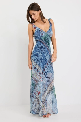 Delightful Blue Scarf Print Georgette Bias Slip Maxi Dress Flowy Cut