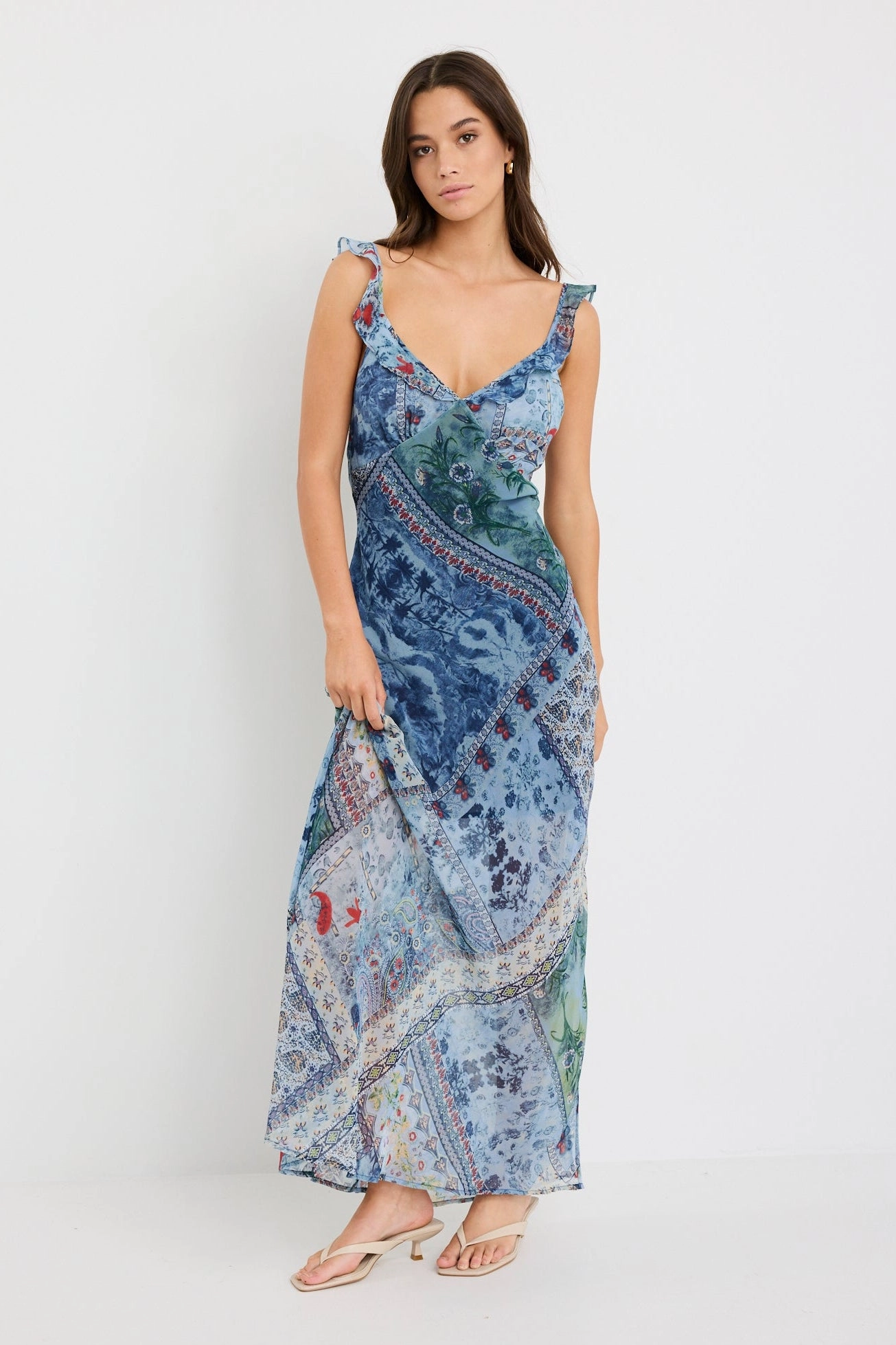 Delightful Blue Scarf Print Georgette Bias Slip Maxi Dress Easy Draping