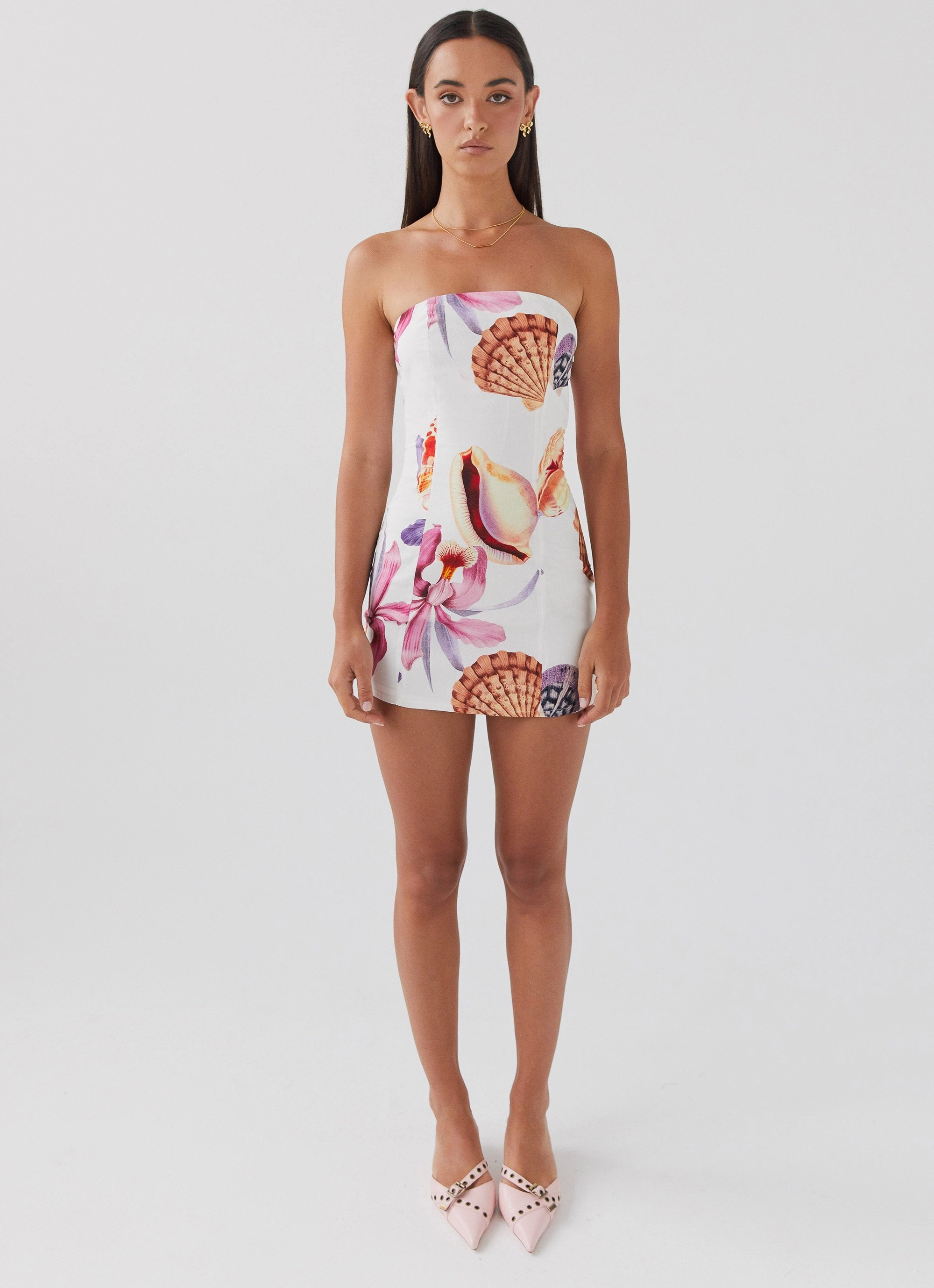 Velvet-Edge Freya Linen Mini Dress - Seaside Bouquet