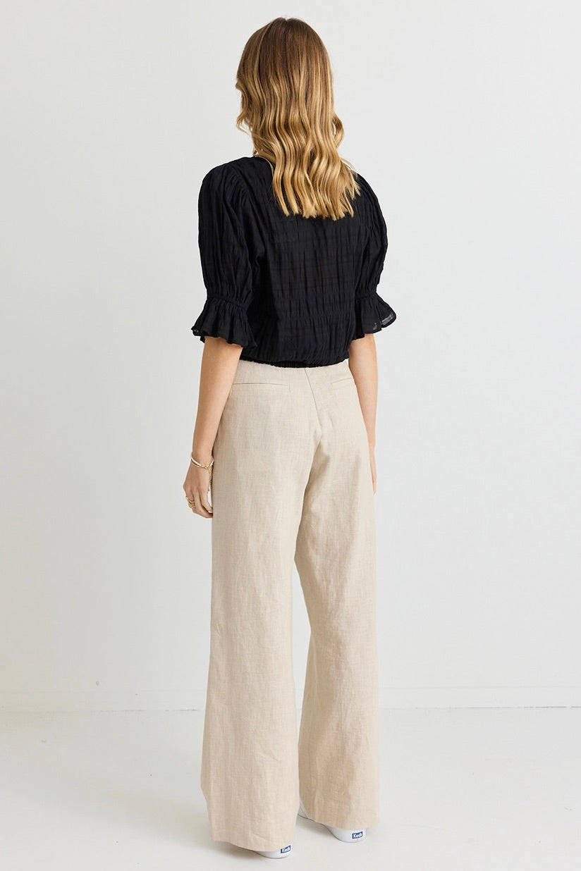 Bound Seam Edges Lovely Black Shirred Cotton Shirred Back SS Top