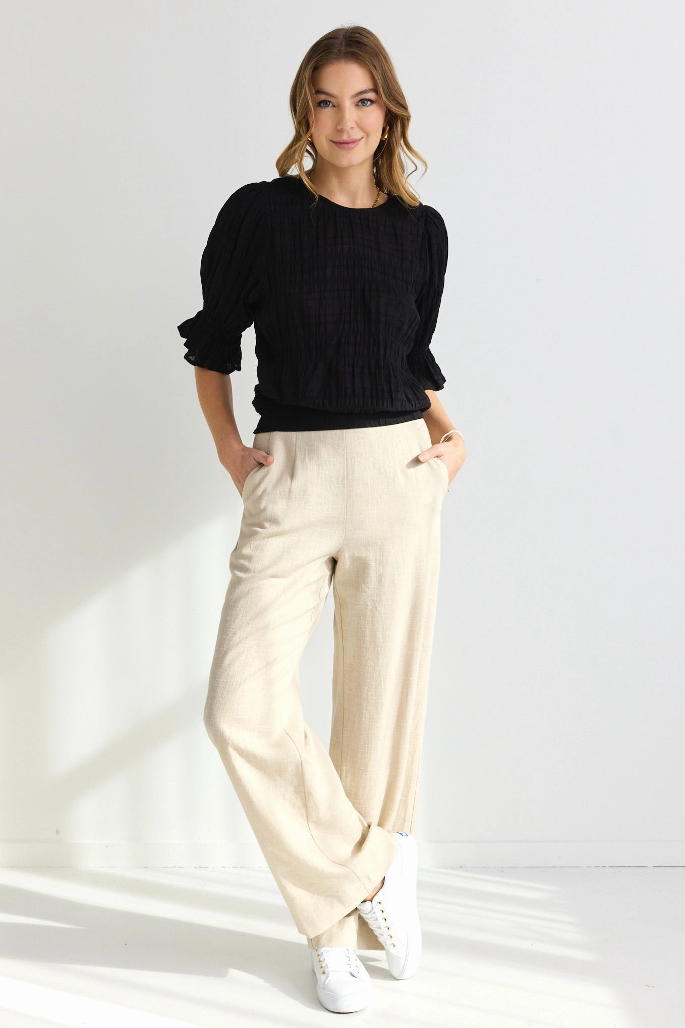 Lovely Black Shirred Cotton Shirred Back SS Top MinimalistCut AbrasionResistant