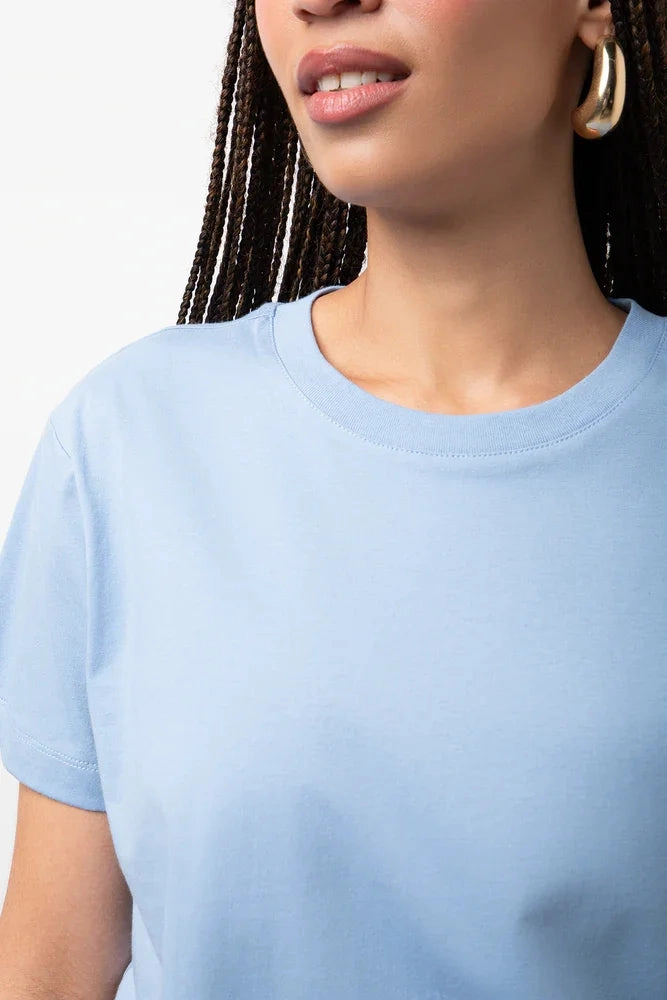 Crew Neck Short Sleeve Regular Fit T-Shirt Blue AdjustableCuffs