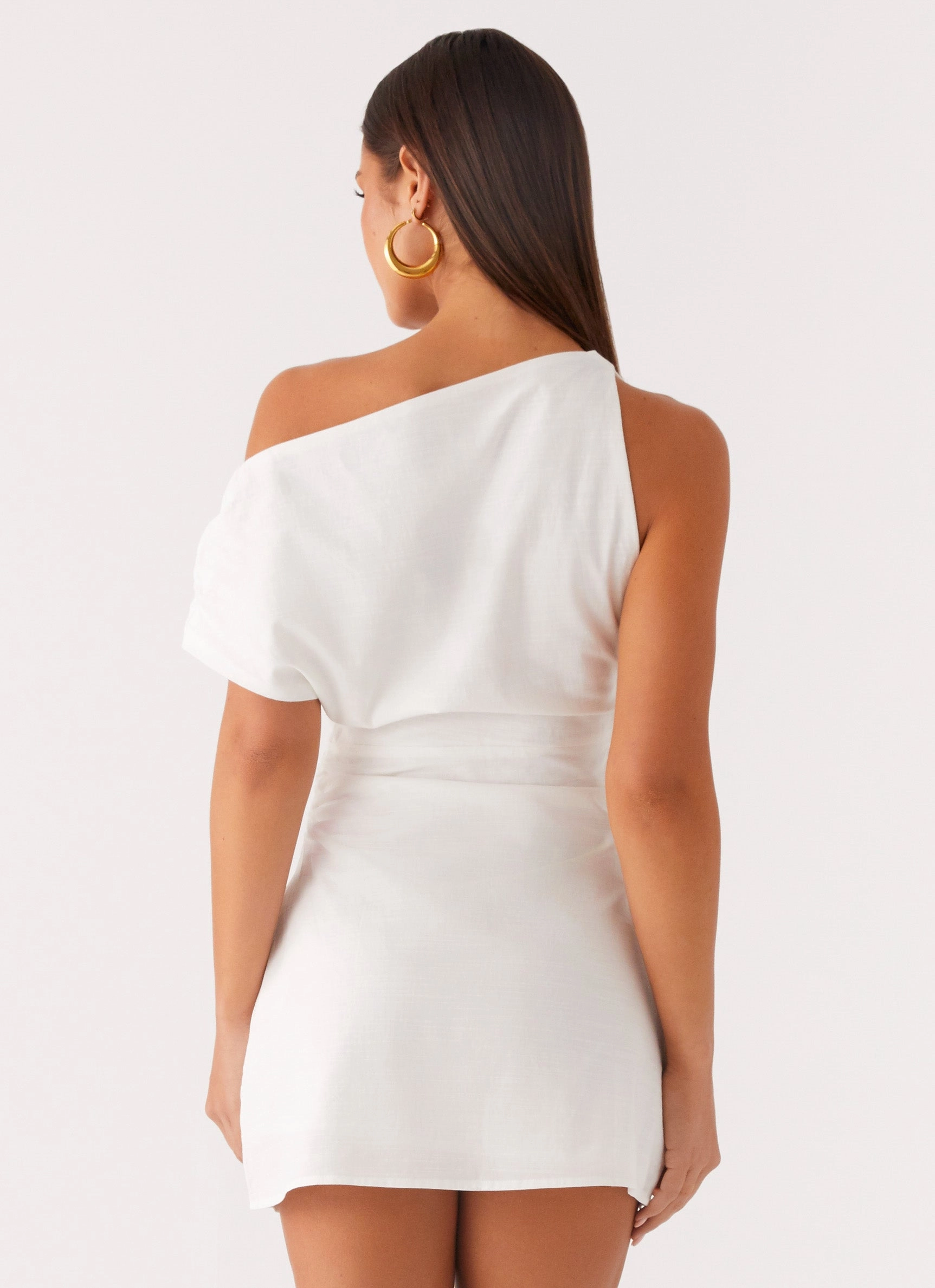 Evening Ready Metallic Finish Moonlight Oasis Asymmetrical Cotton Mini Dress - Off White