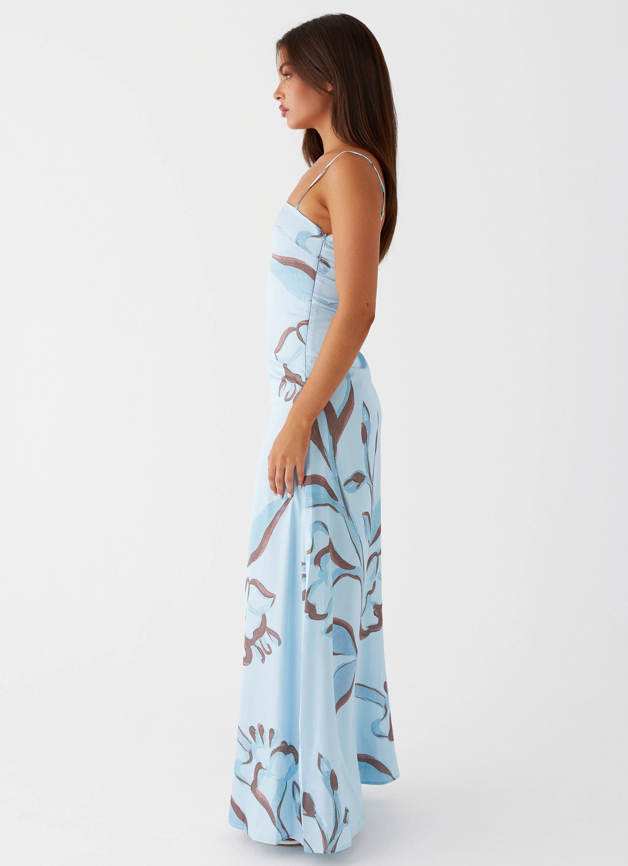 Aster Bloom Maxi Dress - Blue Floral Elegant Waistband Gathered Skirt