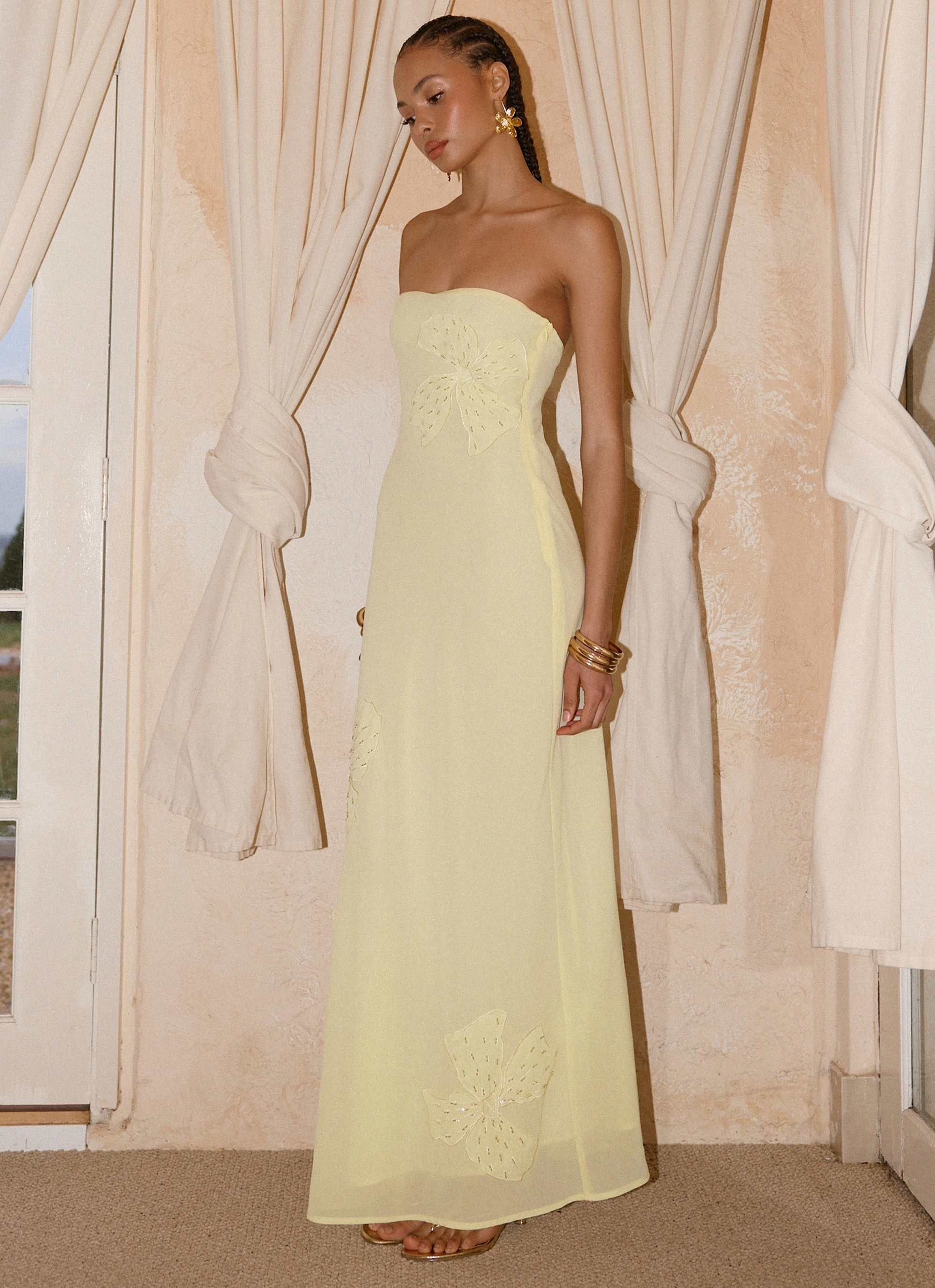 Timeless Appeal Sassafras Beaded Flower Strapless Maxi Dress - Yellow