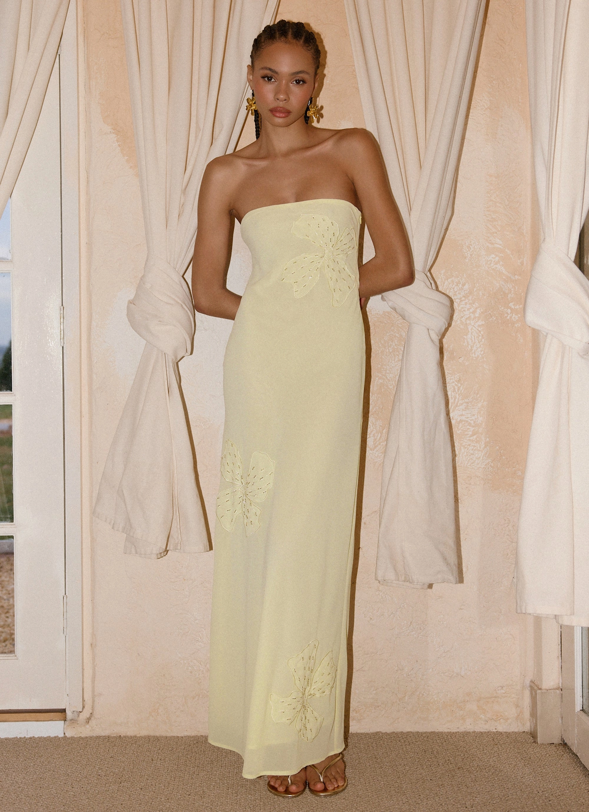 Timeless Look Sassafras Beaded Flower Strapless Maxi Dress - Yellow