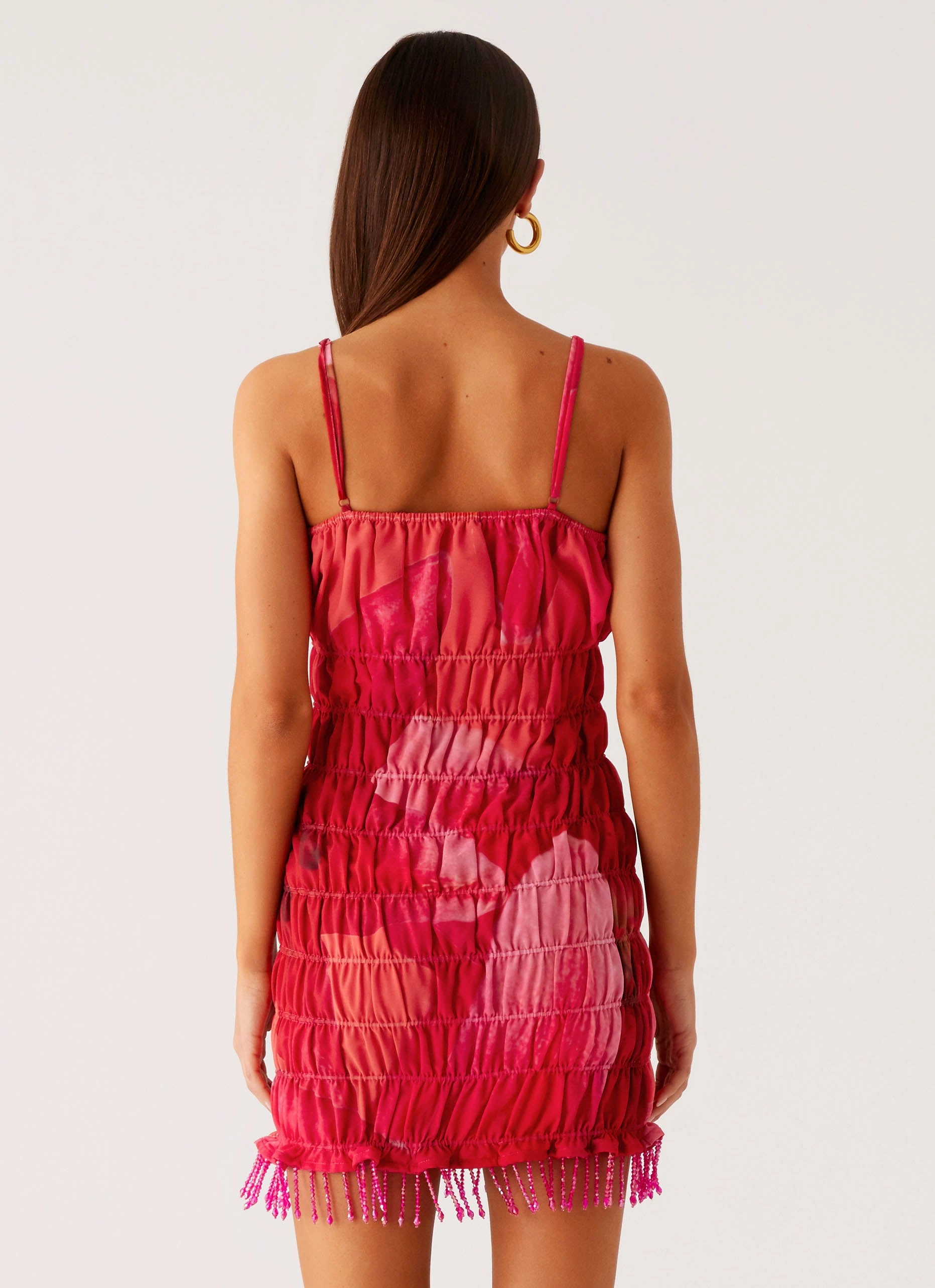 Refresh Me Chiffon Mini Dress - Peach Watermelon Flower Glossy Detail