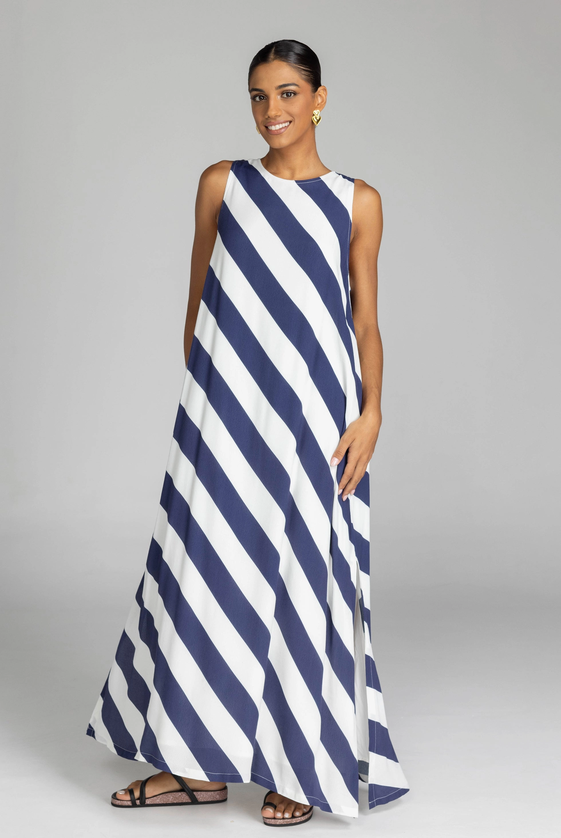 SmoothEdgeFinish Smooth Finish Finally Here Navy White Diagonal Stripe Sleeveless Maxi Dress