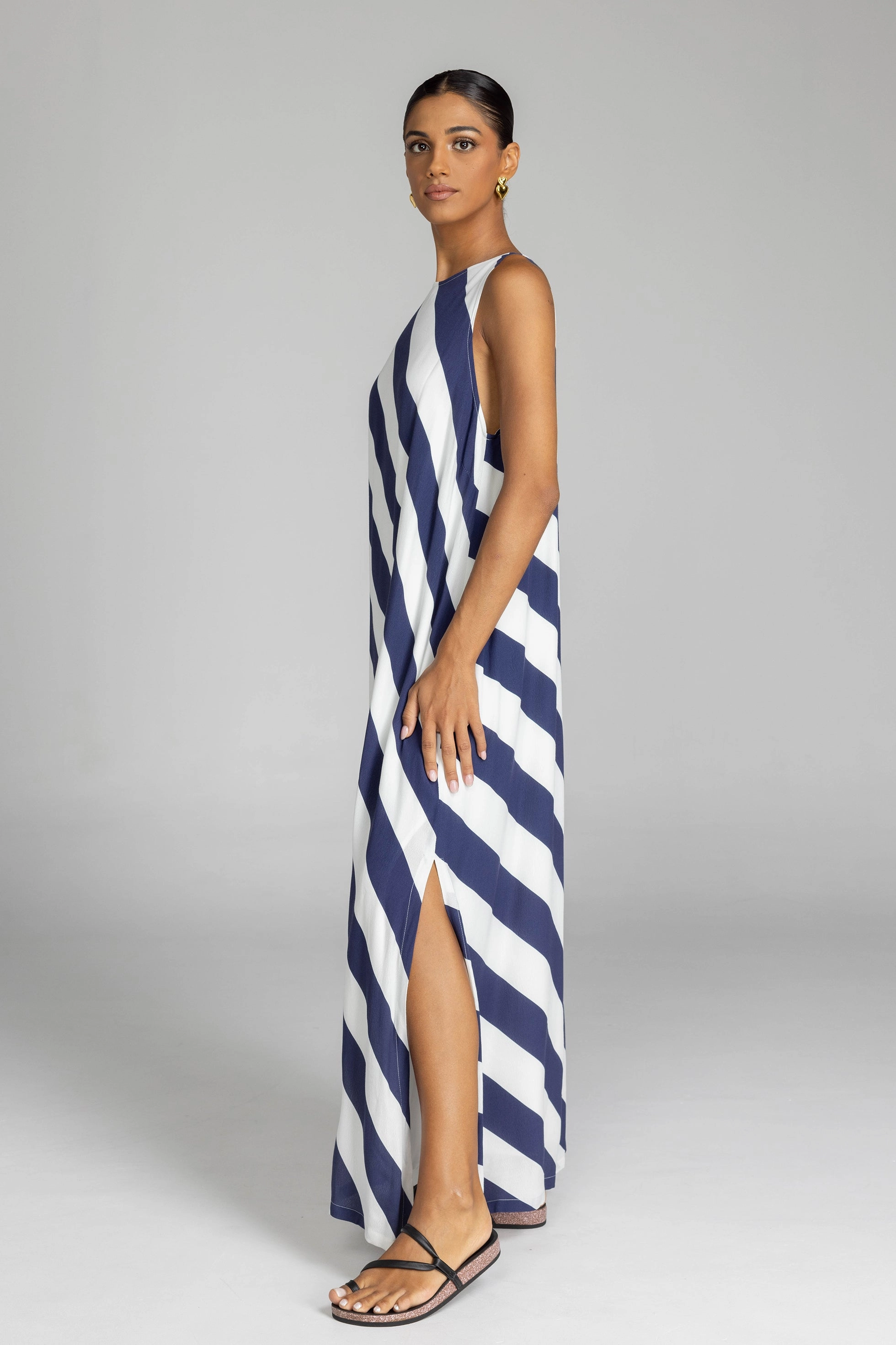 Finally Here Navy White Diagonal Stripe Sleeveless Maxi Dress Easy Mood