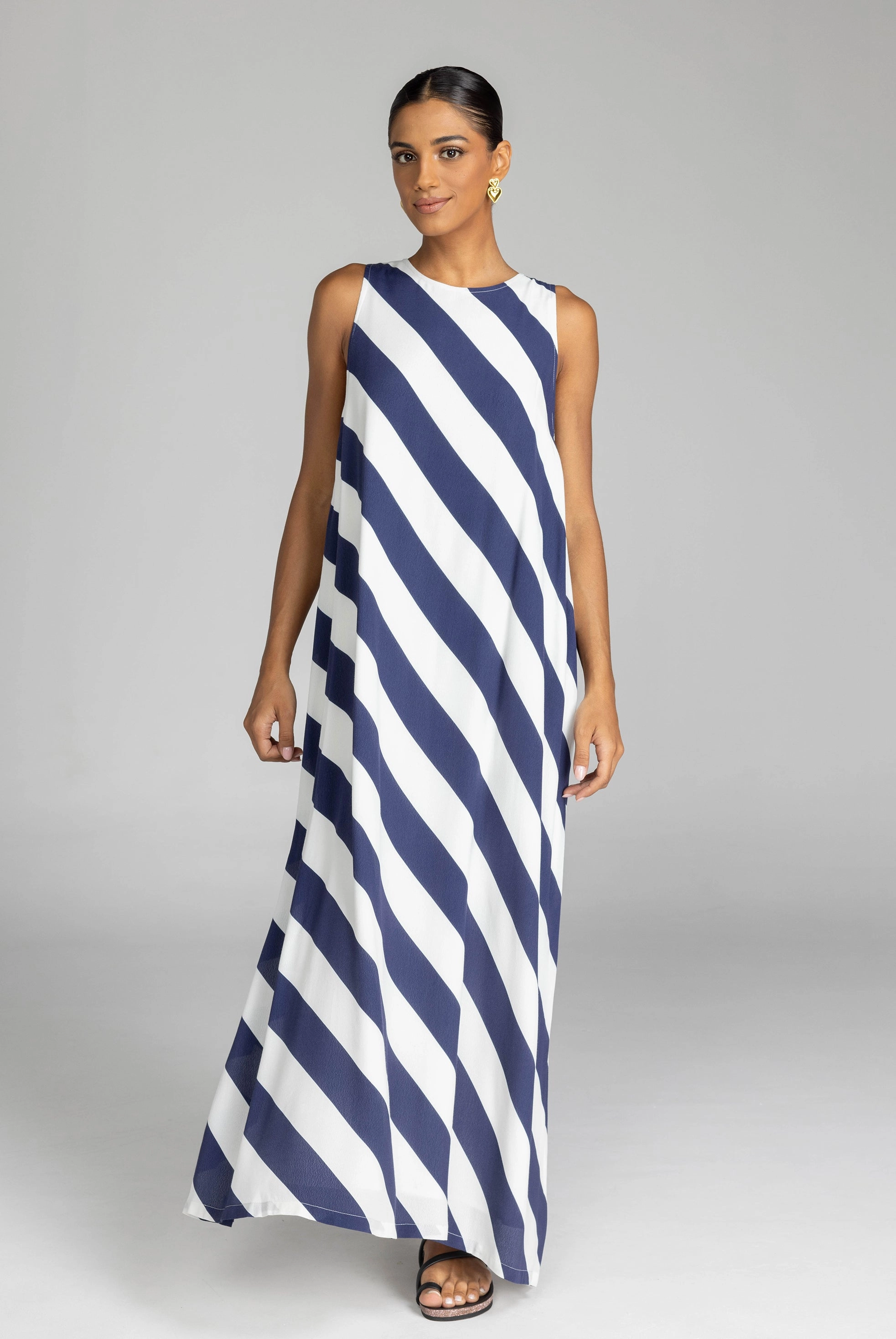 Cozy Base Simple Elegance Finally Here Navy White Diagonal Stripe Sleeveless Maxi Dress