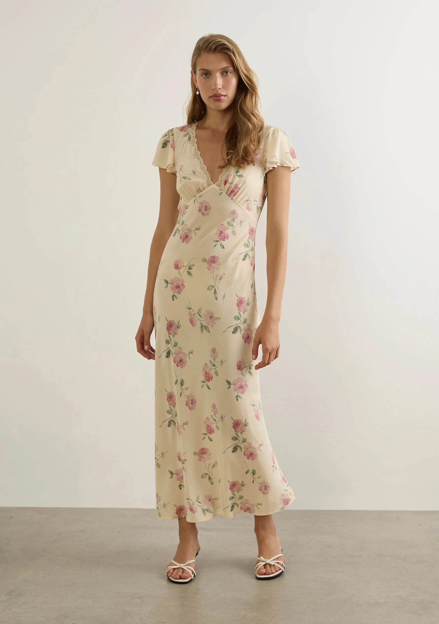 Marena Cream Floral Midi Lace V Neck Flutter Sleeve Midi Dress Chic Harmony Chic and Elegant