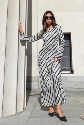Urban Fit Classic Layers Luminous Charcoal Irregular Stripe Fluted Sleeve Bias Maxi Dress