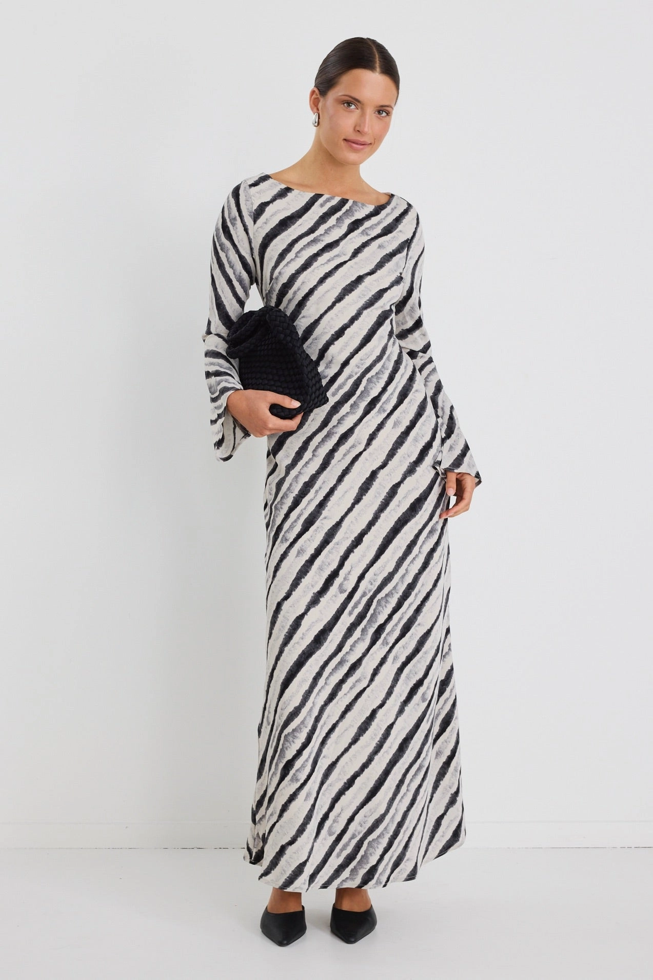 Dressy Glow Neutral Layer Luminous Charcoal Irregular Stripe Fluted Sleeve Bias Maxi Dress