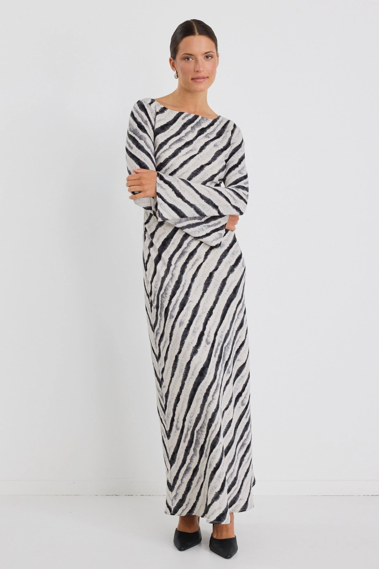 Luminous Charcoal Irregular Stripe Fluted Sleeve Bias Maxi Dress Clean Texture Elegance Glow