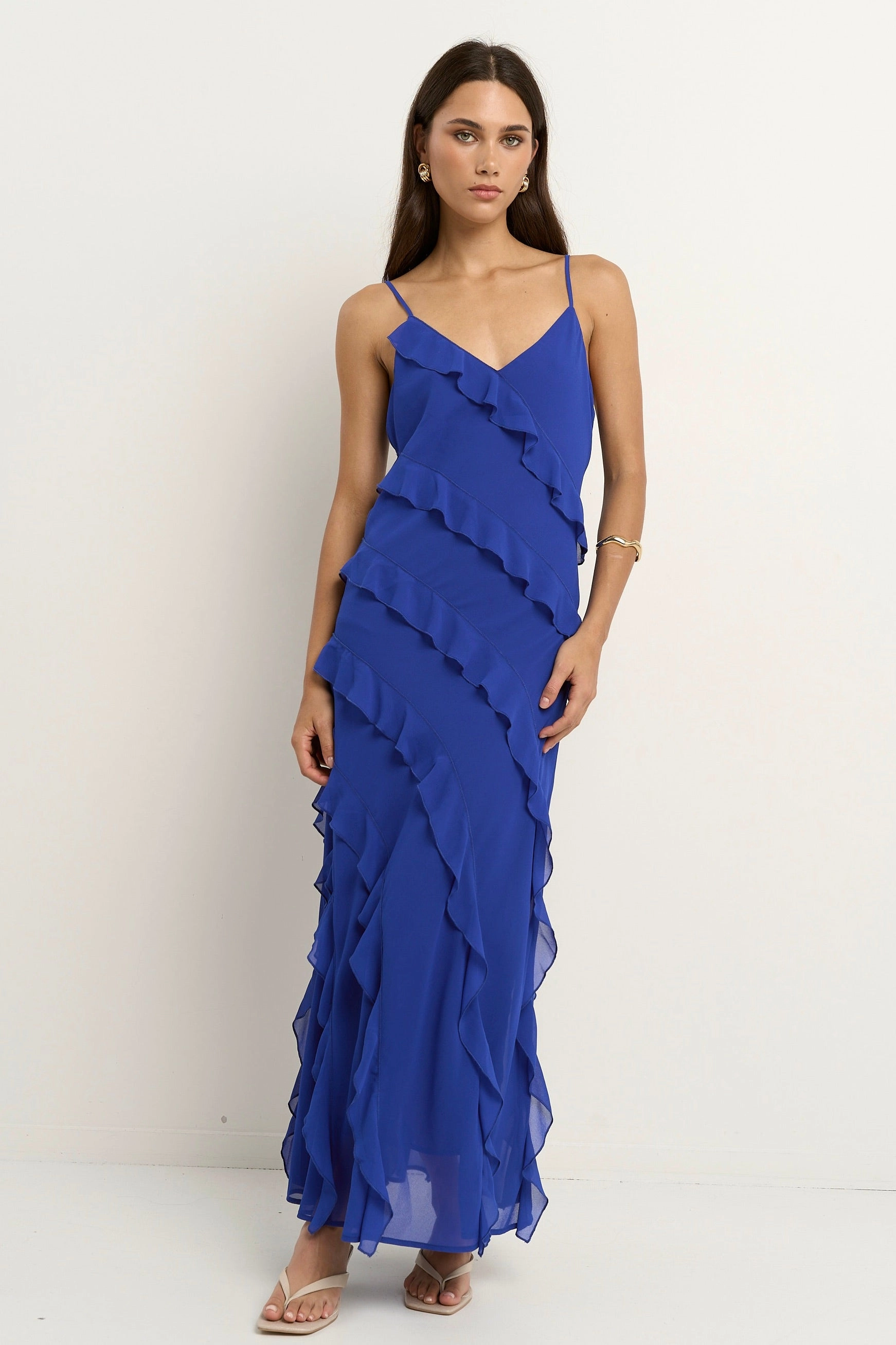 Galore Electric Blue Bias Ruffle Slip Maxi Dress Flowy-Shape Elastic-Waist