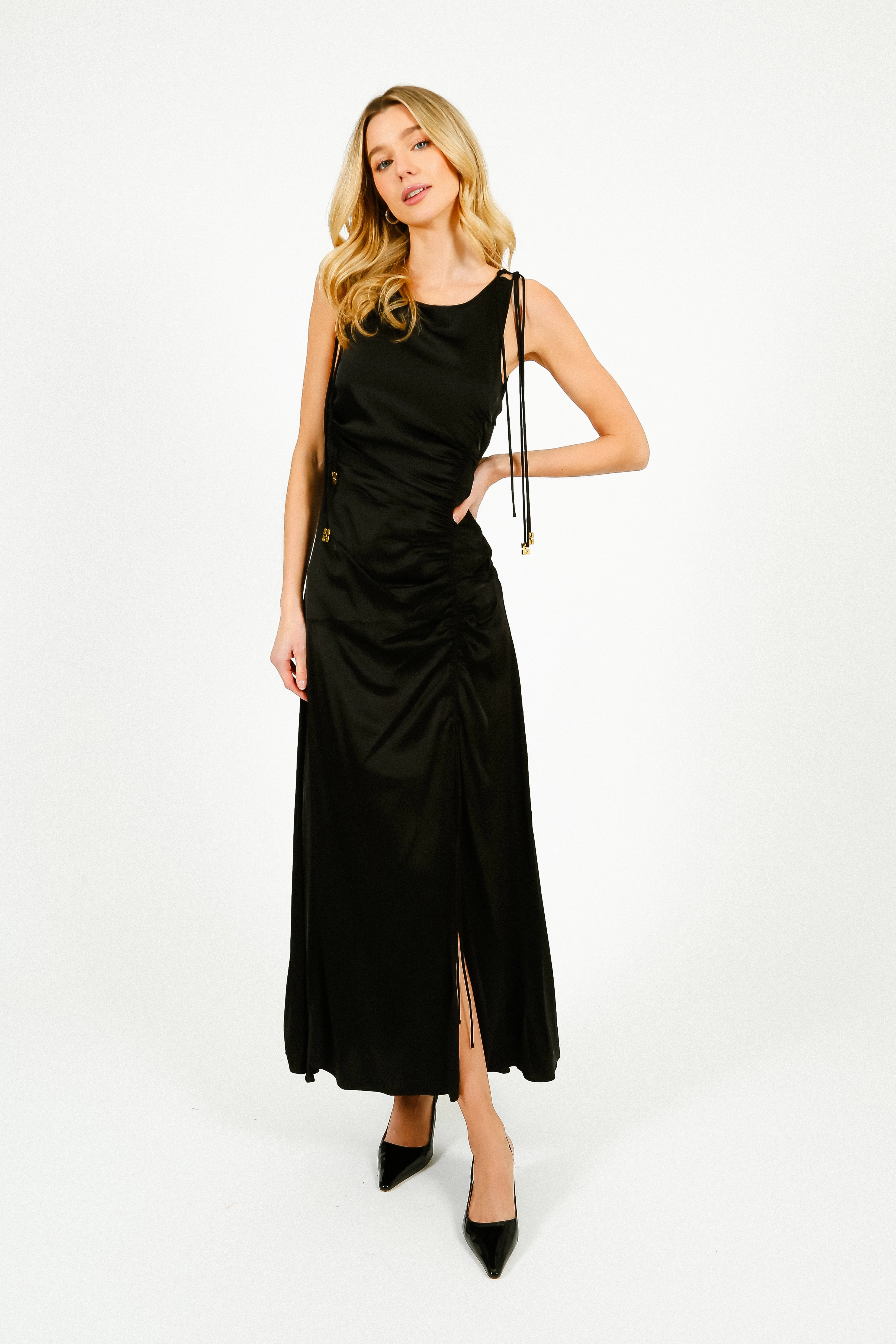 GANNI W0381 Solid Satin Gathered Long Dress in Black budget-friendly
